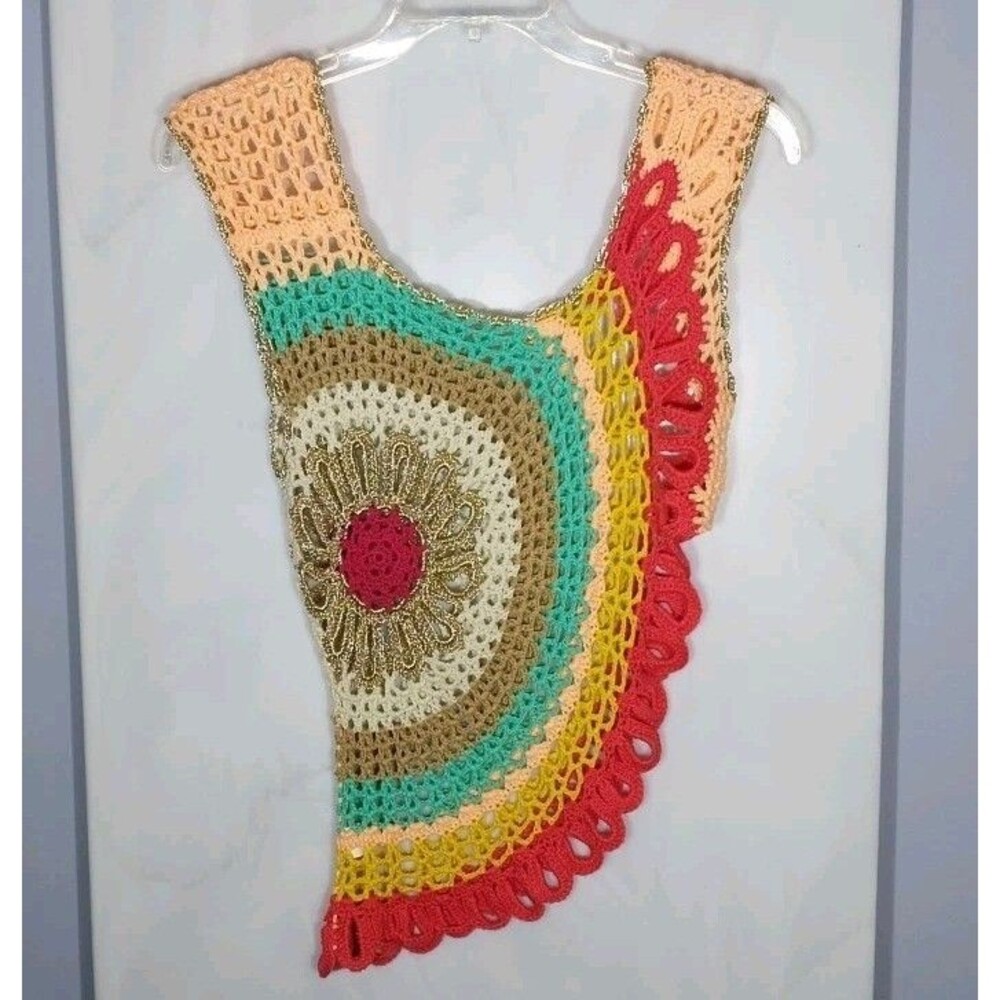 Women’s Crochet Sunburst Top S/M Asymmetrical Boho Festival Beach Hippie